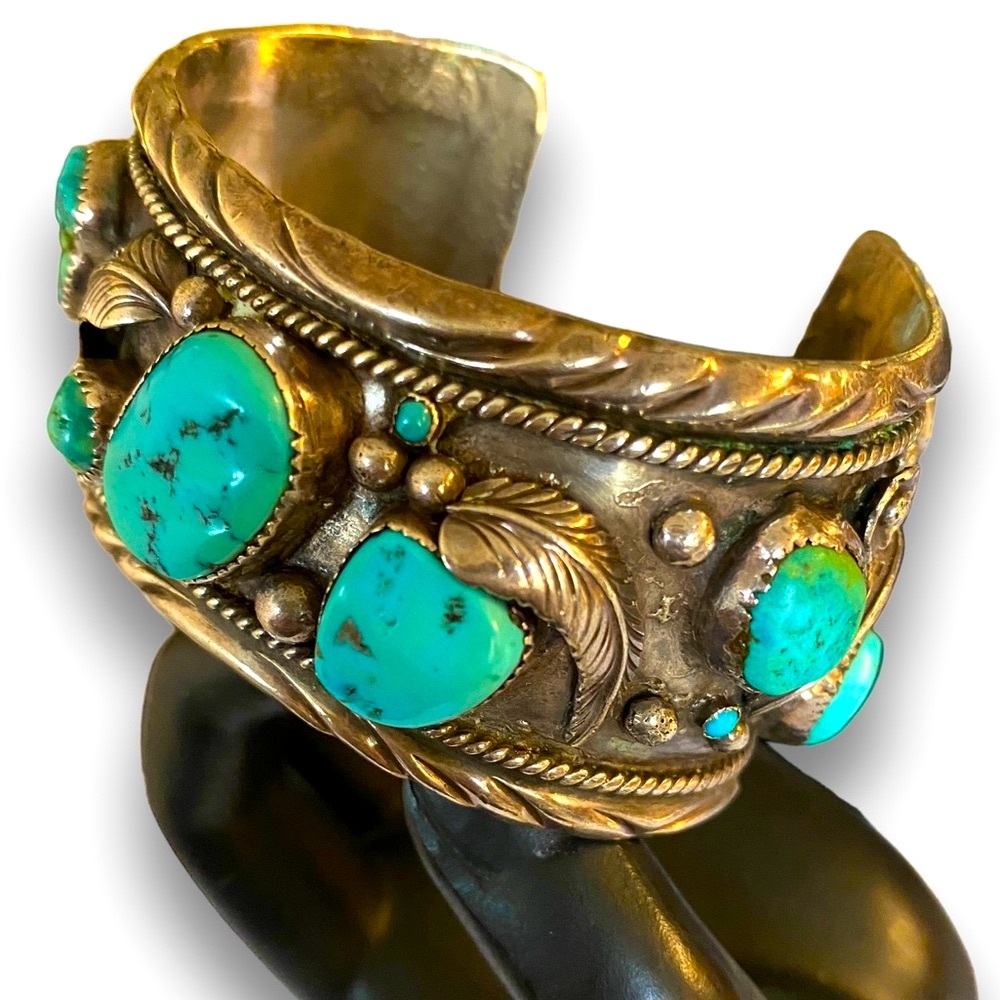 Massive Vintage Navajo Sterling Silver & Turquoise Cuff Bracelet Signed DUTOM! - Picture 4 of 16